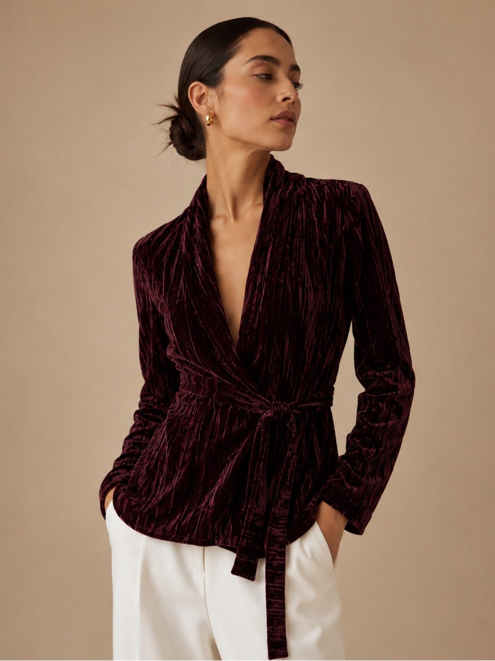 Zara Trafaluc Burgundy Velvet Wrap Top Long Sleeve Size M